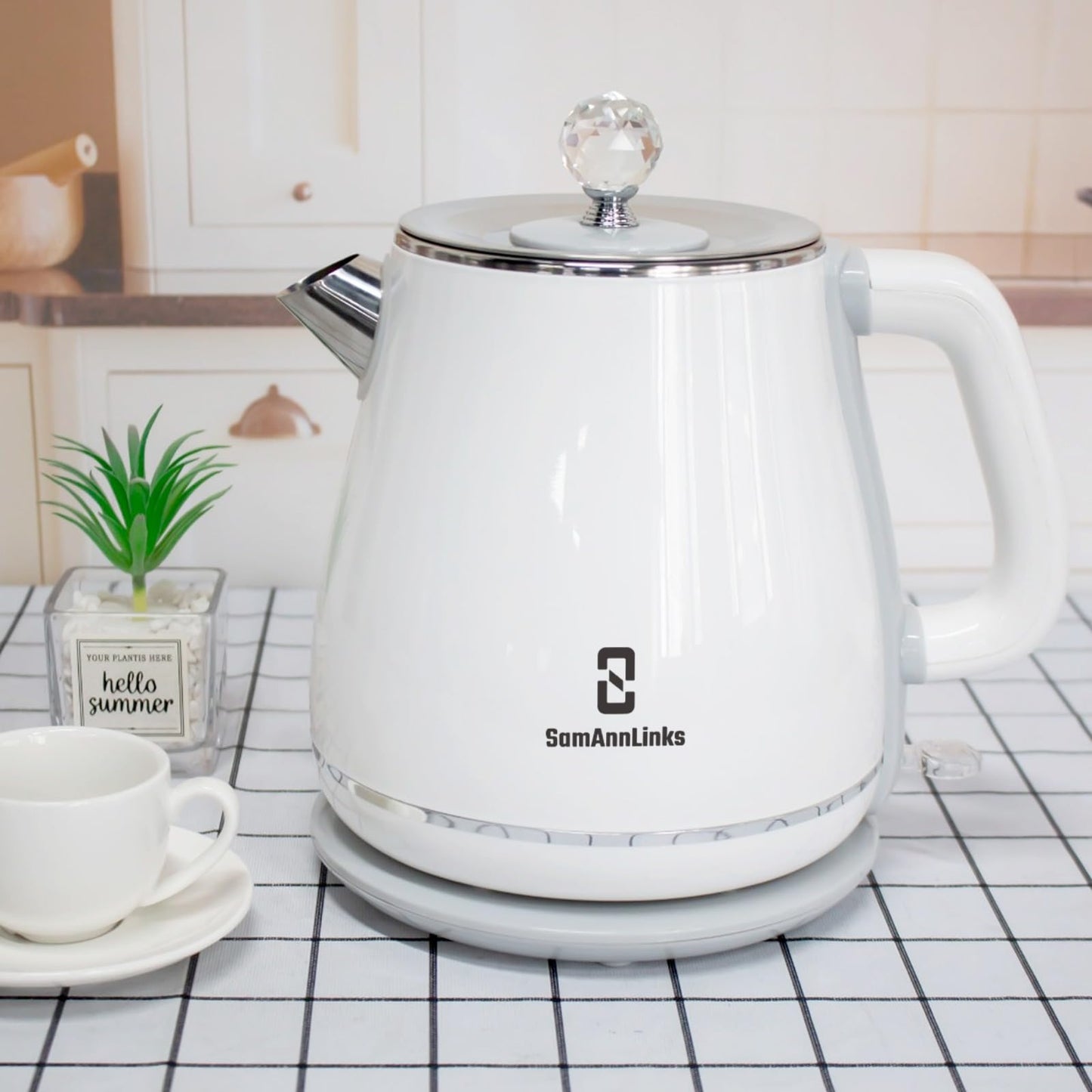 White 1.8L Electric Tea Kettle, Electric Kettle, Stainless Steel electric tea kettle for Fast Boiling Water, hot water Kettle, Double wall and Boil-Dry Protection with Auto-Shutoff.