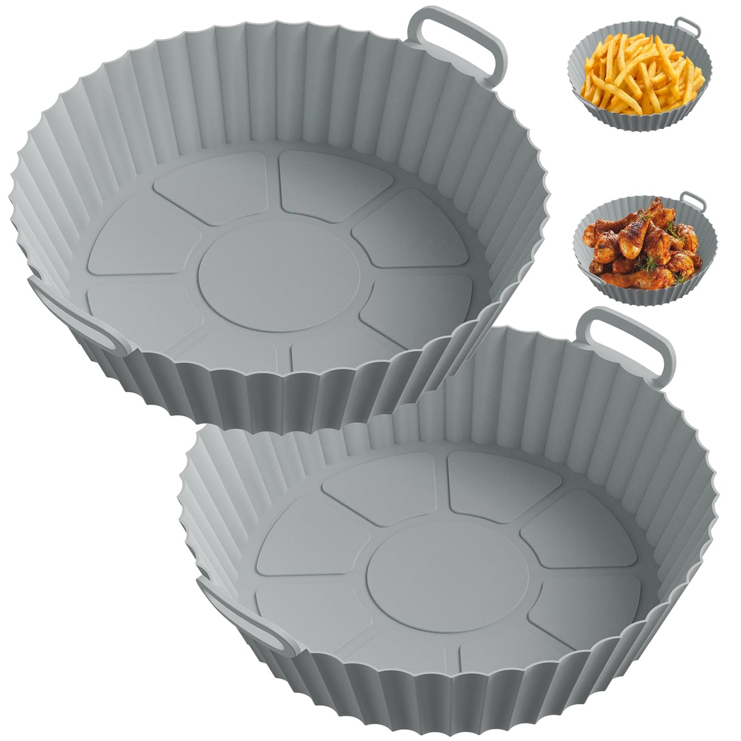 ME.FAN Air Fryer Silicone Liners for 4 to 7 QT [2 Pack] Reusable Air Fryer Basket with Handles & Holes Light Grey