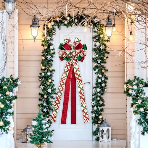 RUSPEPA Large Christmas Tree Topper Bow Plaid with Gold Trim - Red, Green, White, 13x52 inches