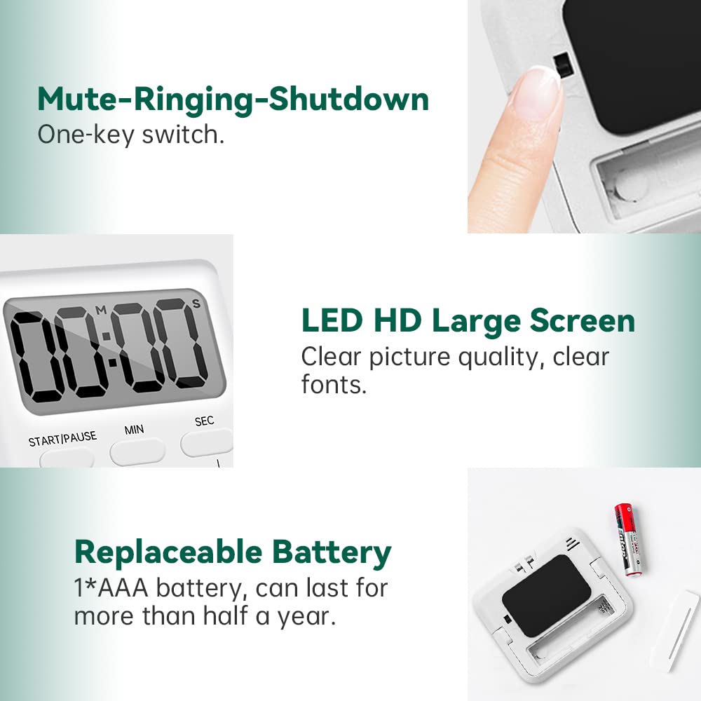 Senbos Digital Kitchen Timer with Loud Alarm - Magnetic Countdown/Countup Timer, Silent Mode, Large LED Display for Cooking, Classroom, Kids & Seniors (White)