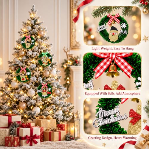 3.2in Mini Christmas Wreath Ornaments for Dollhouse – Small Xmas Wreaths with Bow, 5Pcs