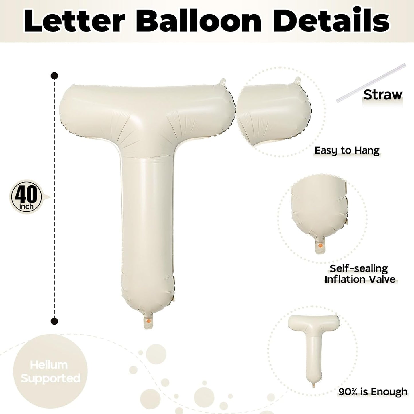 Skiennix Mylar Balloon Letters - Customizable 40-Inch Beige Letter T for Birthday Party Decor