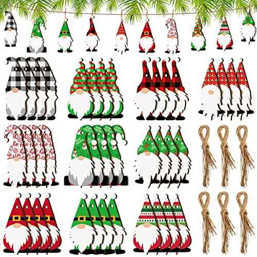 Jetec 40 Pcs Christmas Wooden Gnome Ornament Gnome Hanging Ornaments Handmade Decoration Santa Doll Wooden Hanging Craft for Xmas Tree Decor Holiday Party
