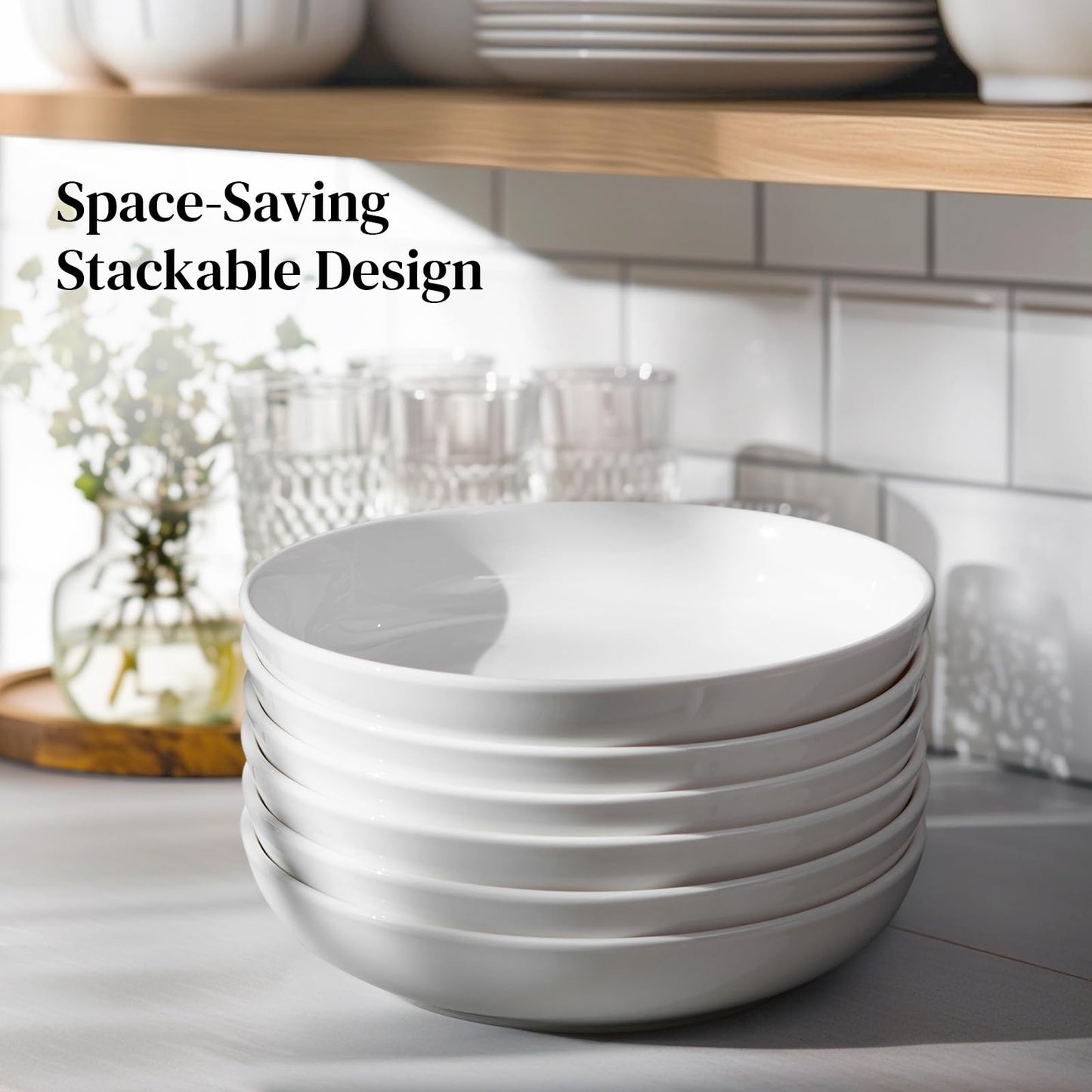 DOWAN 8.5" Pasta Bowls, 32oz Salad Bowls Set of 6, Natural White Ceramic Serving Bowls, Porcelain Plate Bowl Serving Dish Shallow Bowls Set for Kitchen, Microwave Dishwasher Safe