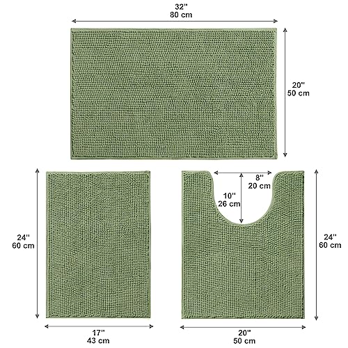 Urvoix Sage Green 3-Piece Bathroom Rug Set Non-Slip Chenille Bath Mat