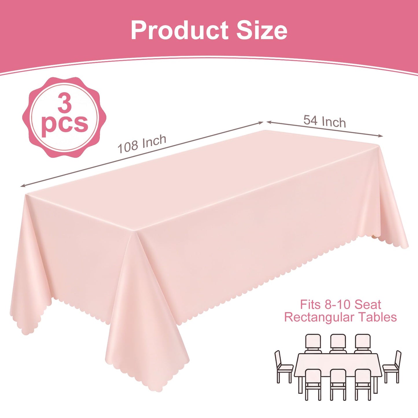 3 Pack Plastic Light Pink Tablecloths, 54 X 108Inch Disposable Spring Tablecloth Scalloped Mother's Day Table Cloth for Rectangle Tables Table Cover for Easter Baby Shower Bridal Tea Party Wedding