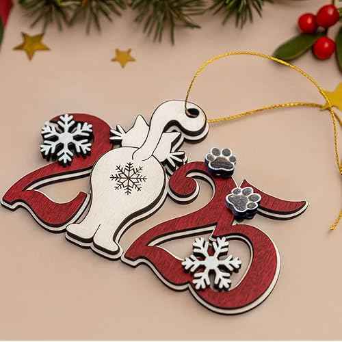 Cat 2025 Christmas Ornament ? Cute Wooden Kitten Tree Decoration with Snowflakes & Paw Prints for Cat Lovers, Pet Owner Christmas D?cor