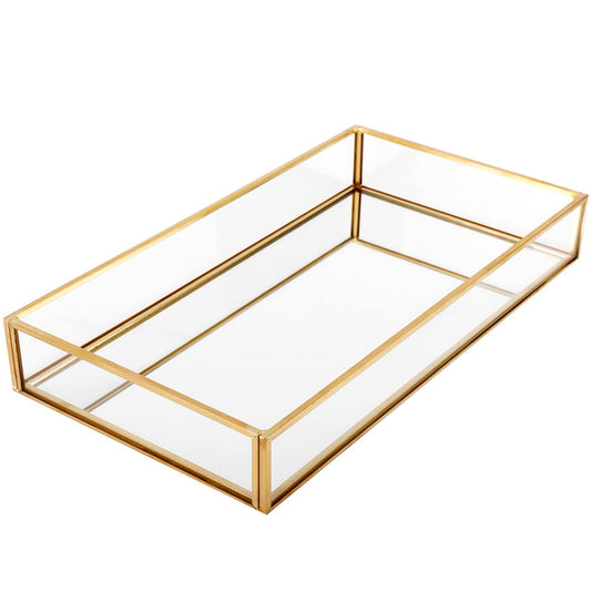 HighFree Rectangle Gold Mirror Tray, Decorative Glass Mirrored Gold Tray, Brass Gold Mirror Perfume Trays for Dresser, Vanity Tray for Cosmetics, Makeup, Trinket,Jewelry(11.8x7.9x2)