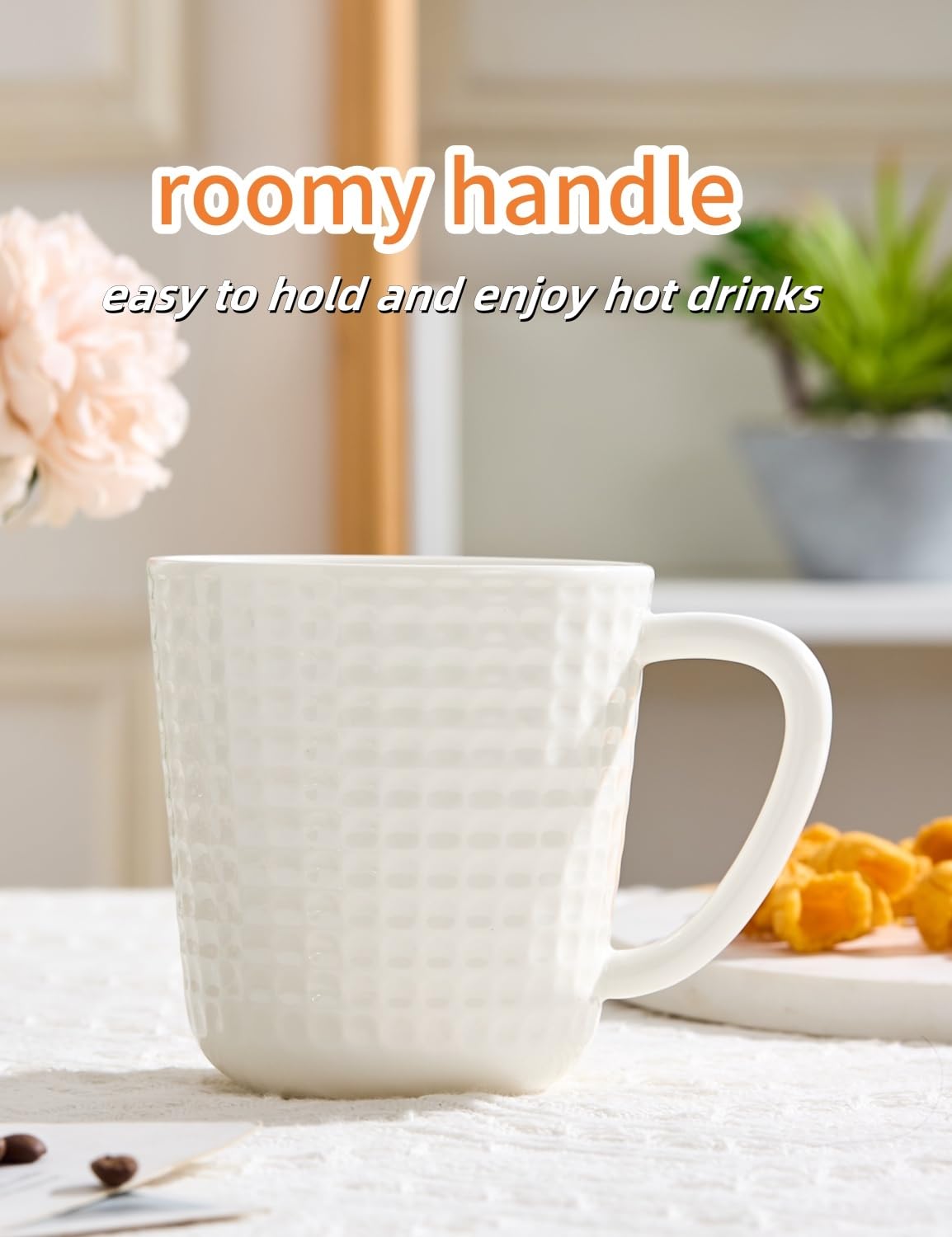 14oz Ceramic Coffee Mugs Set of 4 - Embossed Grid Texture Coffee Cups -Modern Minimalist Coffee Mug for Latte, Cappuccino & Cocoa - Dishwasher & Microwave Safe - Ideal Mother's Day & Wedding Gift