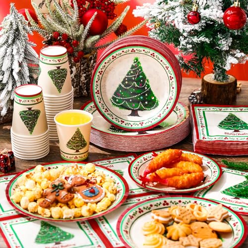 Retro Christmas Party Supplies Set for 50 Guests - Paper Plates, Napkins & Cups