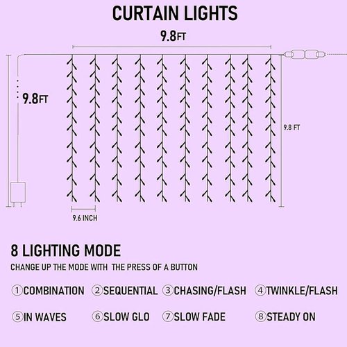 Dazzle Bright 300 LED Christmas Curtain String Lights - Waterproof Fairy Lights for Bedroom | 8 Lighting Modes, Purple