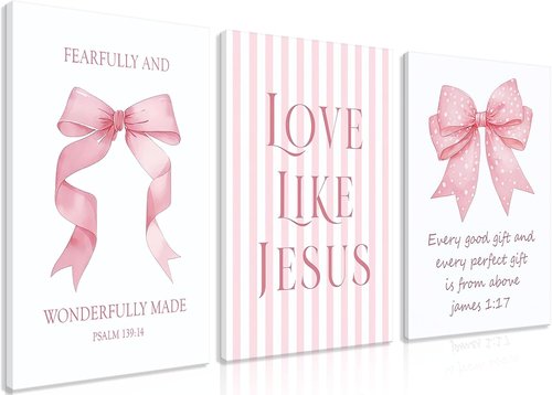 Dytila 3 Piece Pink Bows Wall Art - Cute Bible Verse Decor for Girls' Rooms | 12x16 Inch
