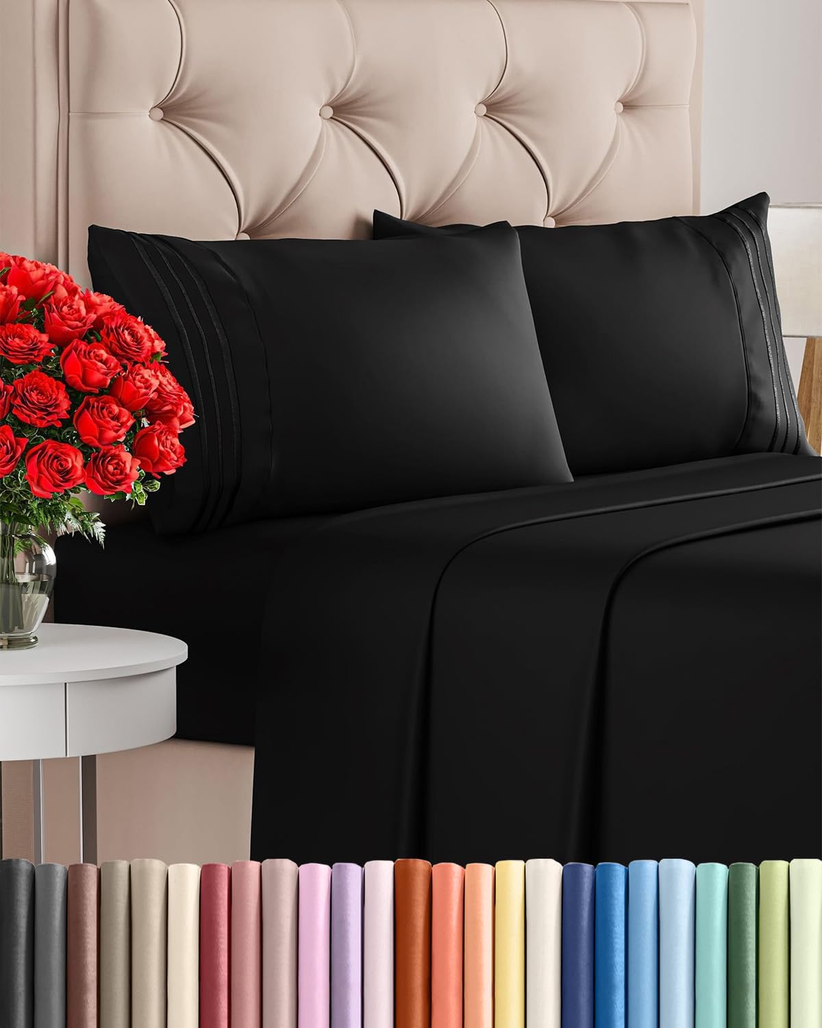 Queen Size 4-Piece Sheet Set | Skiennix Comfy Breathable Cooling Bed Sheets - Ultra-Soft, Deep Pockets, Wrinkle-Free - Black