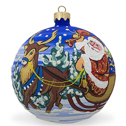 Santa in Sleigh with Reindeer Glass Ornament - 4 Inch Hand-Painted Christmas Gift