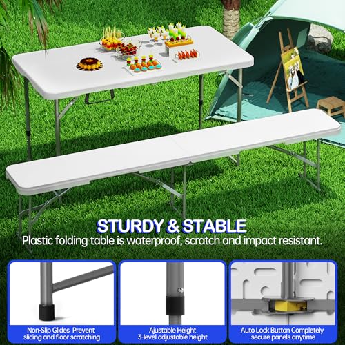 VSOAEIL White 4FT Folding Table 2-Pack Adjustable Height Portable Plastic