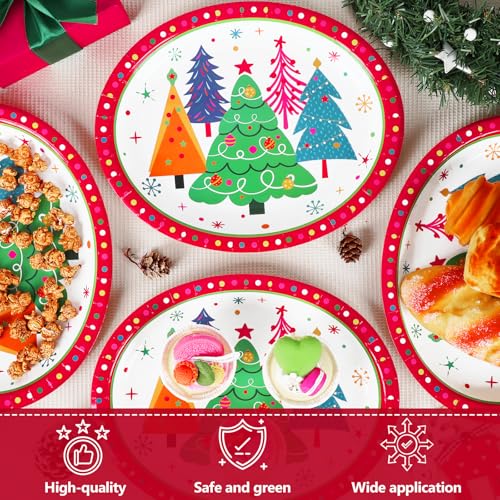 Lonfliness Colorful Christmas Tree Plates Set 50 Pcs Disposable 11 Inch Oval Holiday Dinnerware - Christmas Tree Variation