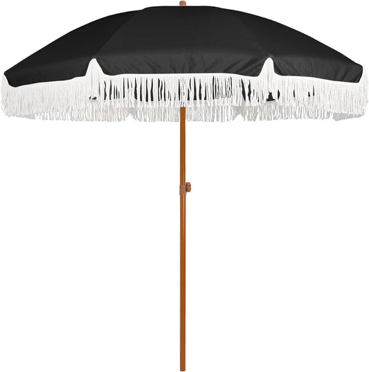 AMMSUN 7ft Patio Umbrella - Outdoor Fringe Umbrella with UPF50+ Protection & Steel Pole | Black