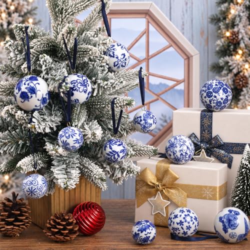 Blue & White Chinoiserie Ceramic Christmas Ornament Balls Set 12 Pcs 2.36in