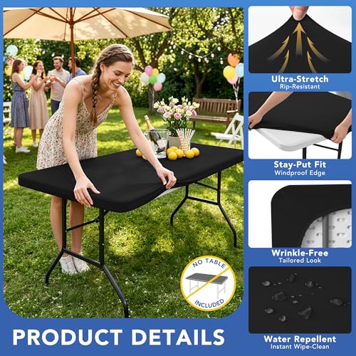 Fitted Stretch Tablecloth for 8ft Rectangular Tables - Black, 6 Pack - Spandex Fit
