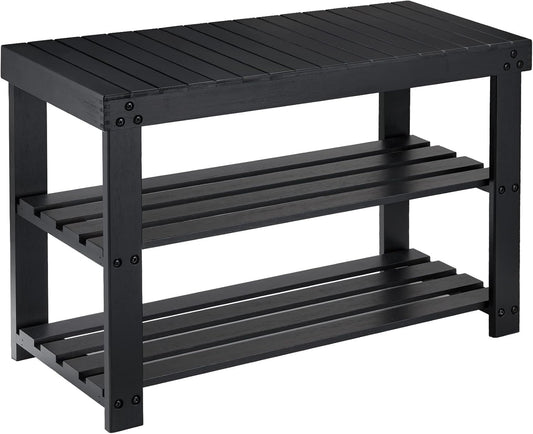Pipishell Bamboo Shoe Rack - 3-Tier Sturdy Organizer Bench | Holds Up to 300lbs - Black