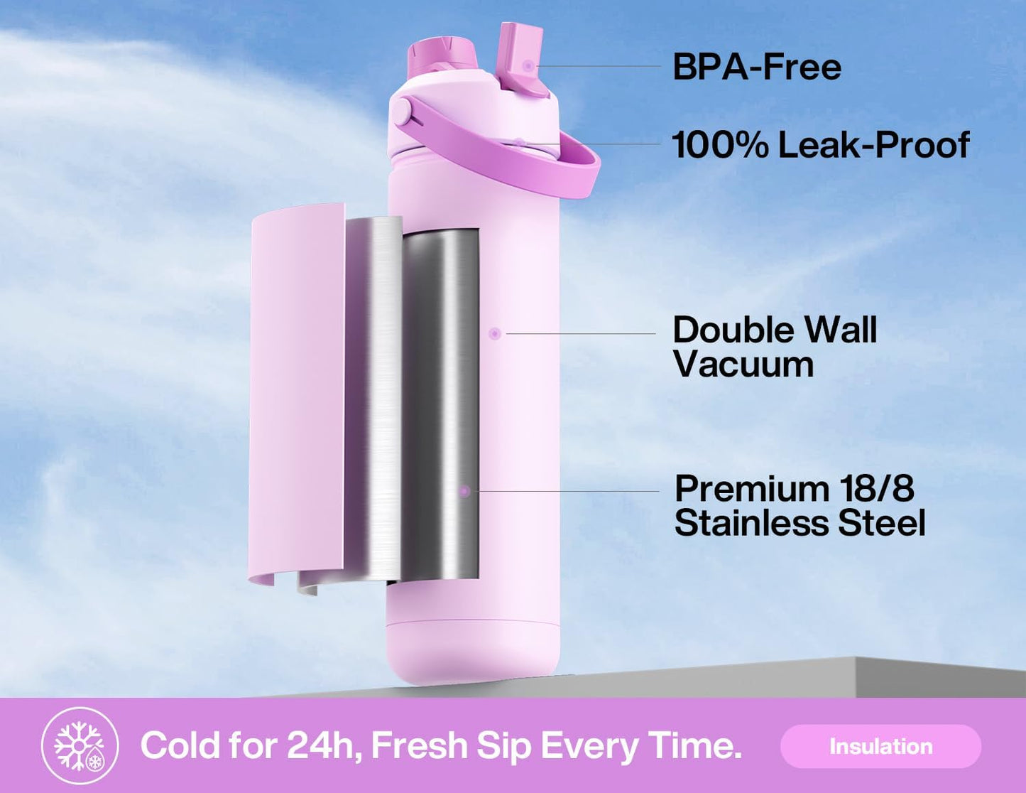 POWCAN 26 oz Insulated Water Bottle - 2-in-1 Straw & Spout Lid, Leak-Proof, Fits Car Cup Holder | Cherry Pop