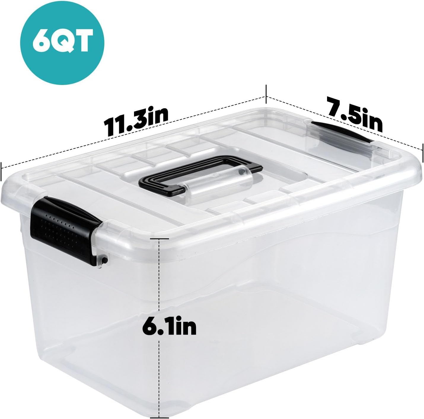 Nazhura Storage Bins - Stackable Plastic Containers with Latching Buckles | Clear, 6QT, 12-Pack