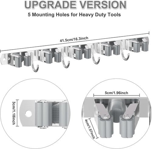 HANZENMA Broom Holder Wall Mount - Heavy Duty Stainless Steel Organizer with 5 Racks & 4 Hooks for Home, Kitchen, Garage