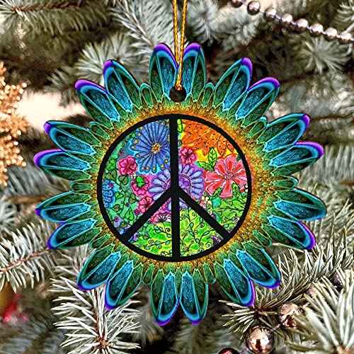 Hippie Peace Sign Love Christmas Ornament Tree Decorations 2D Flat (NOT 3D Ornament), Bulk Wooden Hippie Car Hanging Accessories, 60s 70s Theme Hippie Room Decor, Gifts for Hippie Souls