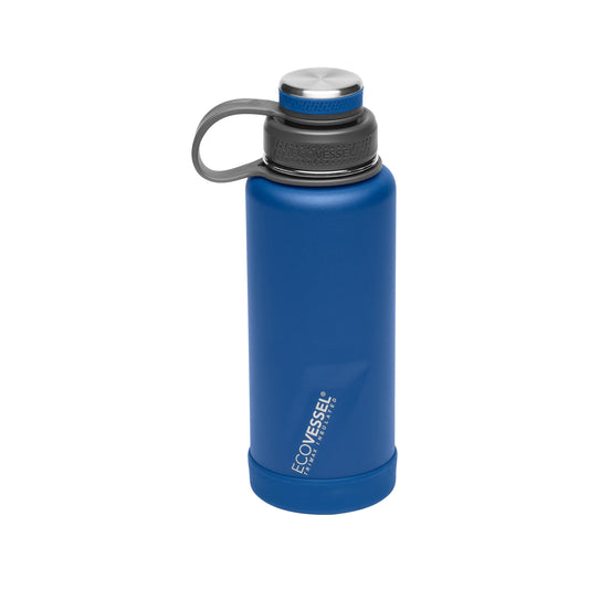 EcoVessel Stainless Steel Water Bottle with Insulated Dual Lid, Insulated Water Bottle with Strainer and Silicone Bottle Bumper, Coffee Mug – 32oz (Navy Nightfall)