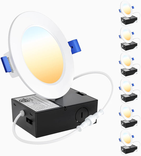 Ensenior 6 Pack 4 Inch Ultra-Thin LED Recessed Wafer Light with Junction Box, 2700K/3000K/3500K/4000K/5000K - 5CCT Selectable, 7.9W Eqv 65W, Dimmable Ceiling Downlight, 650LM High Brightness - FCC&ETL