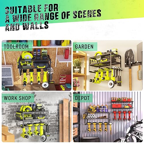 Power Tool Organizer Wall Mount with 4 Drill Holders - Heavy Duty Steel Storage Rack