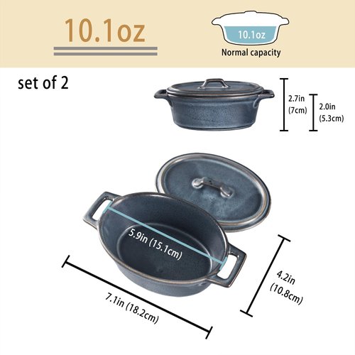 Ceramic Mini Oval Cocotte Set - 10 Oz Casserole Dishes with Lids & Handles | Set of 2, Blue 7.1 Inch
