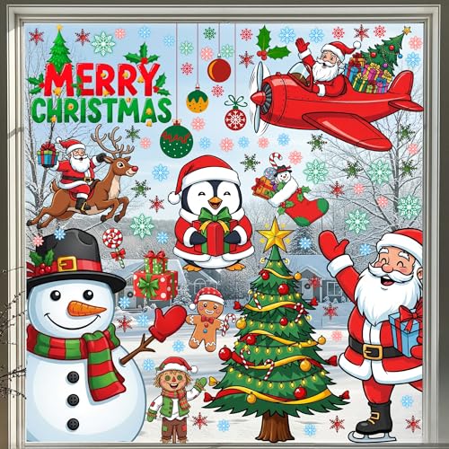Christmas Window Clings Stickers | 350Pcs Christmas Clings Xmas Window Decals Decorations Indoor Outdoor Glass Snowflake Santa Claus Reindeer Penguin Snowman Accessories Decor Supplies