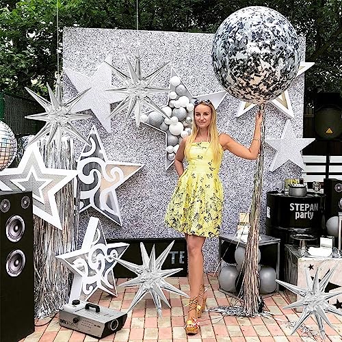 Silver Star Balloons 6pcs Foil Mylar Balloons 22 Inch Large Cone Spike Explosion Star Balloon Party Decorations for Christmas Birthday Bachelorette Disco Party