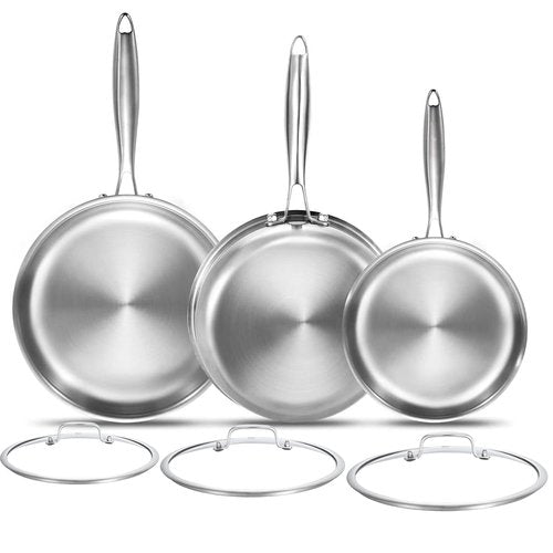 DELARLO Tri-Ply Stainless Steel Pan, 18/10 Frying Pan, Oven Safe Up to 600°F, Nontoxic Cookware, Compatible with All Cooktops Skillet, Durable, Fast Even Heat Fry Pan,8" 10" 12" with lids