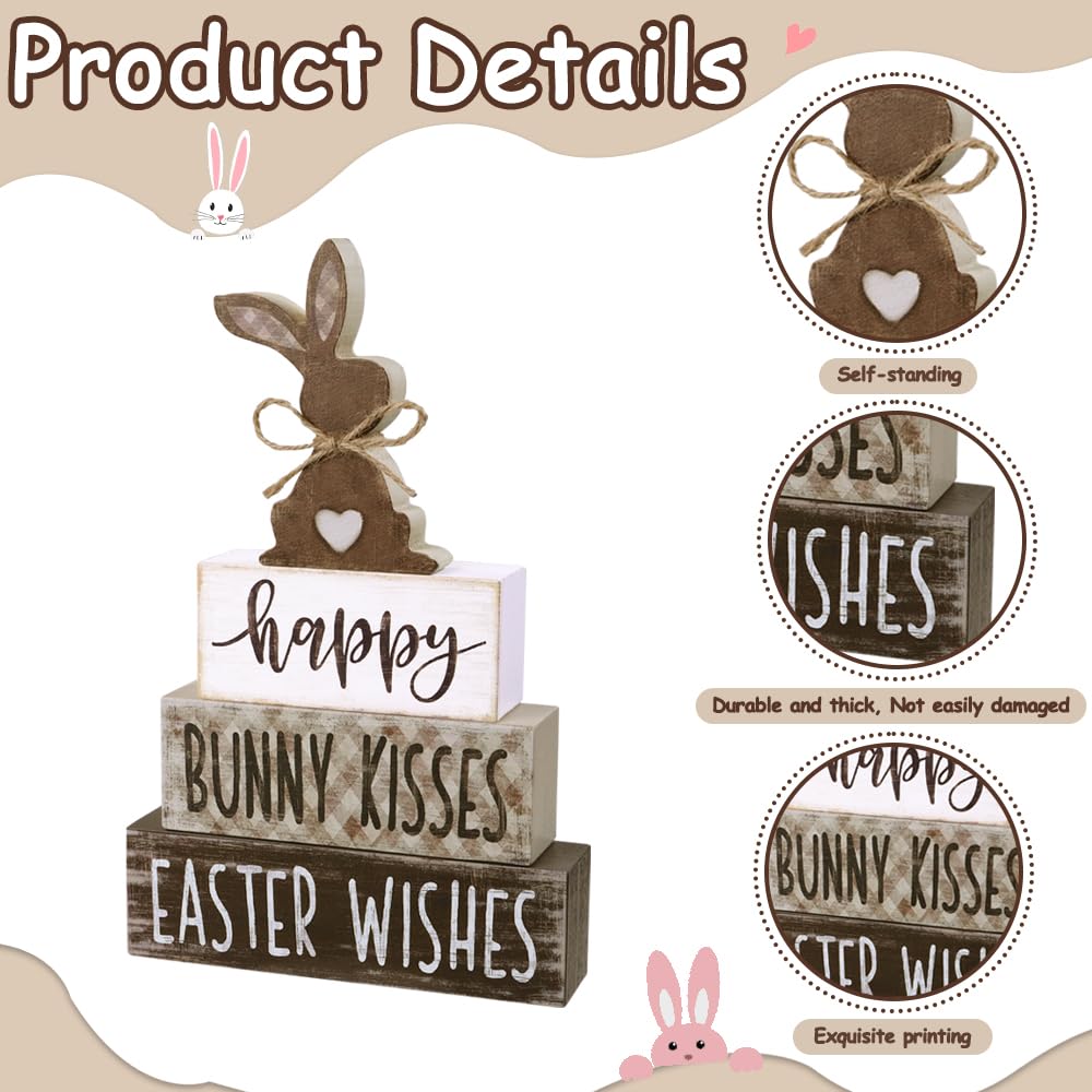 DIYDEC 4Pcs Easter Tabletop Decorations Bunny Wooden Block Signs Gift Rustic Tiered Tray Decor Happy Easter Centerpiece Farmhouse Wood Rabbit Table Sign for Kitchen Home Office Party Decor