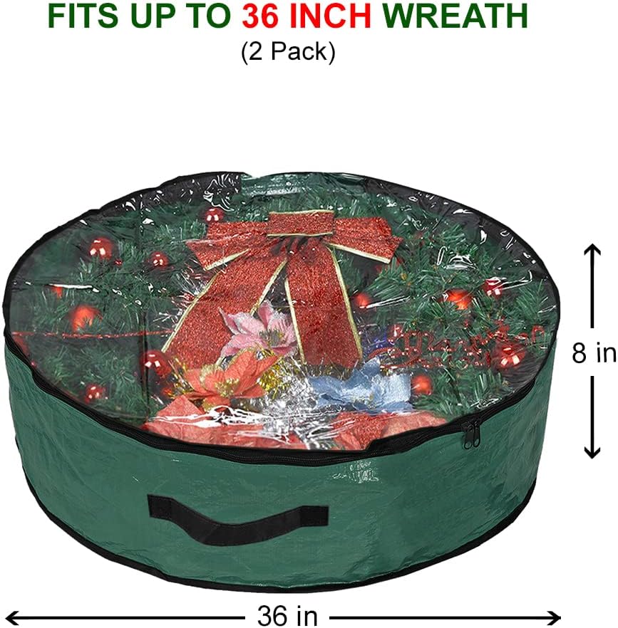 Propik Christmas Wreath Storage Bag - 36-Inch Tear-Resistant Holiday Container with Clear Window | 2 Pack, Green