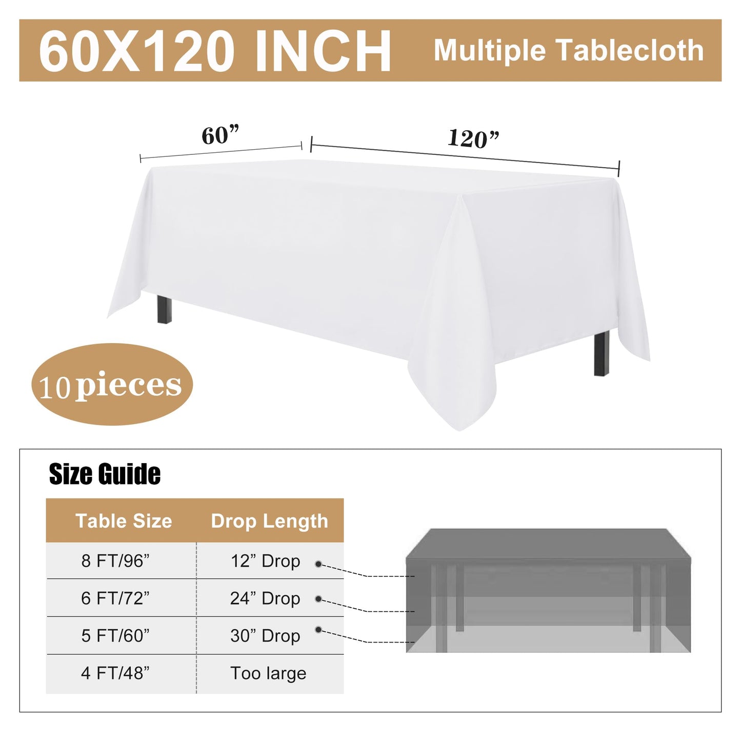 sancua 10 Pack White Tablecloth 60 x 120 Inch, Rectangle Table Cloth for 8 Feet Tables - Stain and Wrinkle Resistant Washable Polyester Table Cover for Dining Tables, Buffet Parties and Camping