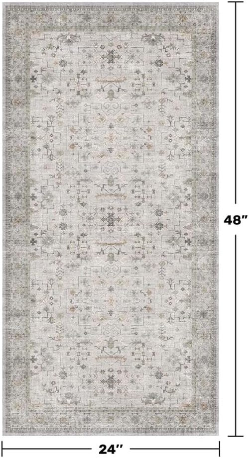 Boho Bathroom Rug by Light Grey | Modern Vintage Floral Design - Washable Non-Slip 2x4 Area Rug