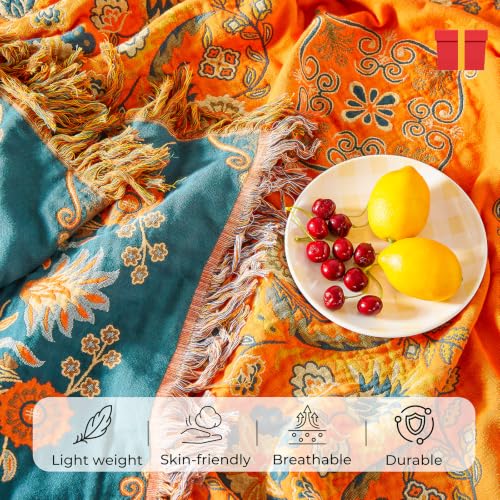 Orange Floral Rustic Boho Blanket for Bed Couch Travel 50"×60"