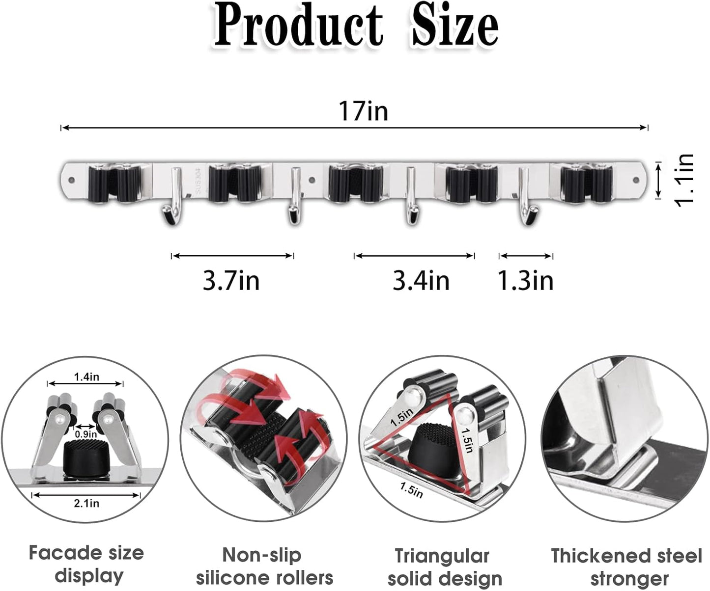Skiennix Wall Mounted Broom and Mop Holder - Heavy Duty 5 Racks & 4 Hooks | Stainless Steel, Black