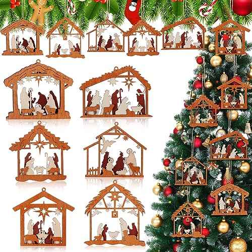 Bucherry 6 Pcs Wooden Nativity Scene Ornament for Tree Topper Decorations, Christmas Nativity Gifts for Christian Church Religious Friends Teachers Coworkers, Ornament(House)