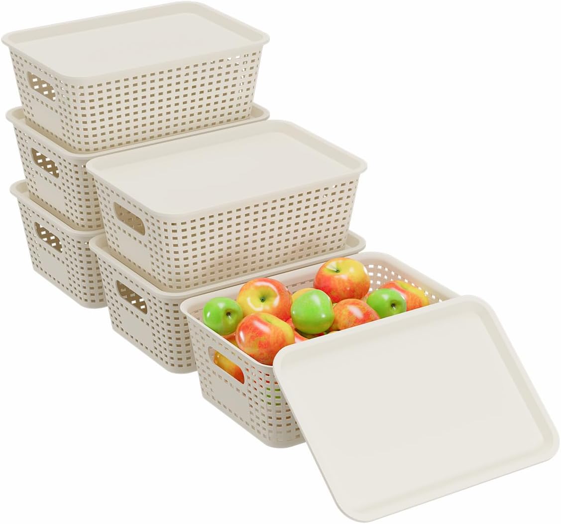 Resze Plastic Storage Baskets - 6 Pack with Lids | Breathable, Stackable Organizer Bins for Home & Office, White