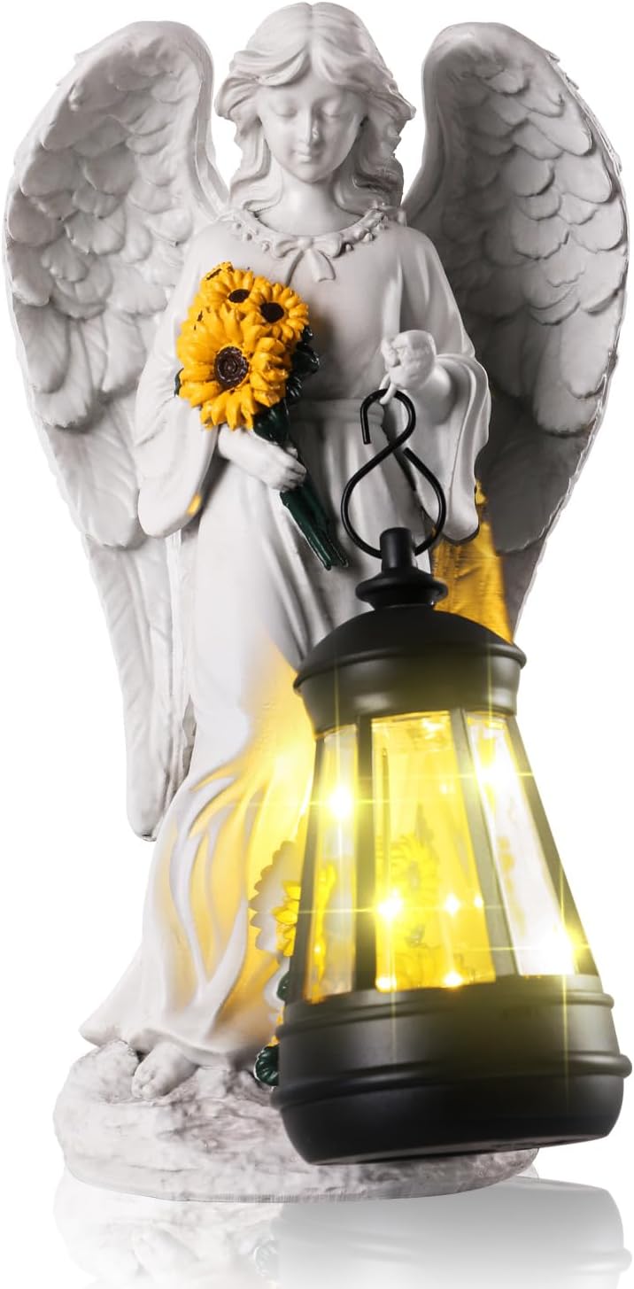 Regine Switzerland Sympathy Gifts | 8.8" Resin Angel Figurine Holding Sunflowers - Waterproof Cemetery Decor