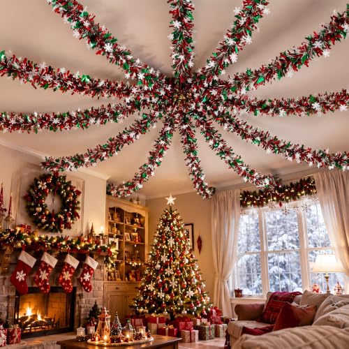 Riceshoot 131ft Red Green White Christmas Tinsel Garland Metallic Foil Decor, Classic 40m