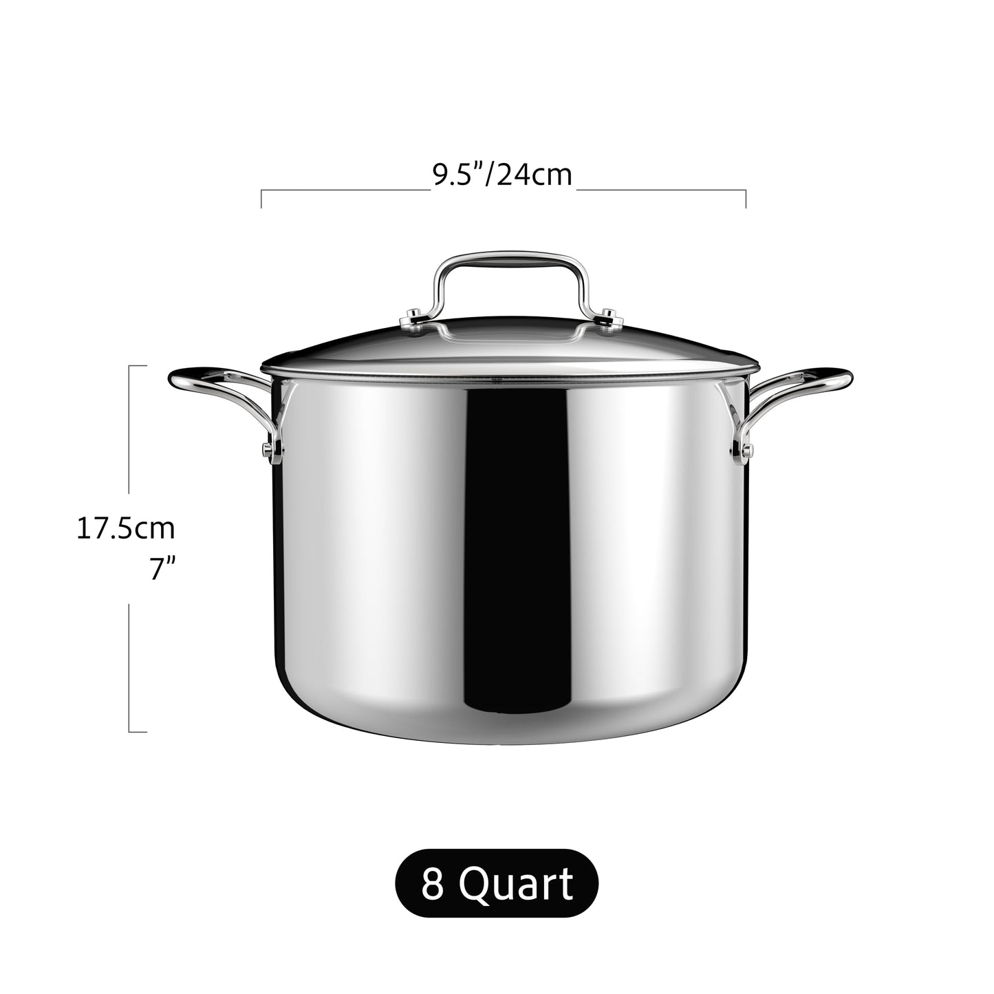 SANFELA 8 Quart Stainless Steel Stock Pot With Glass Lid, 5 Ply Stainless Clad, Induction Compatible, PTFE, PFAS and PFOA Free