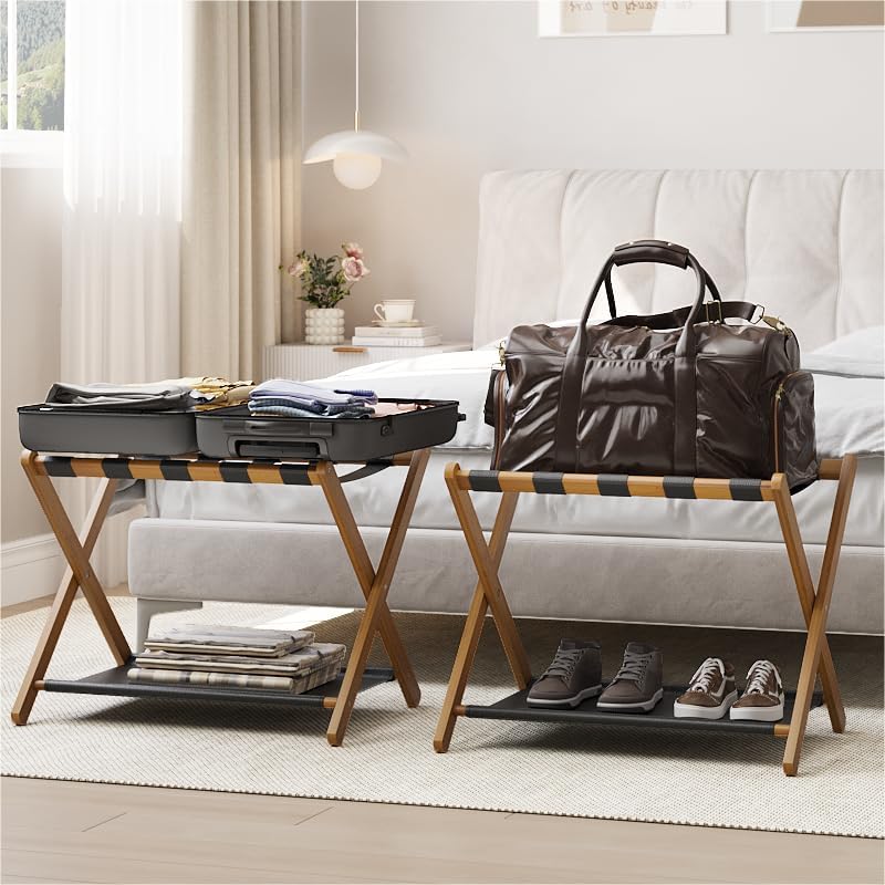 Smart FENDEE Walnut Bamboo Folding Luggage Rack 2 Pack, Suitcase Stand with Storage Shelf for Hotel & Guest Room