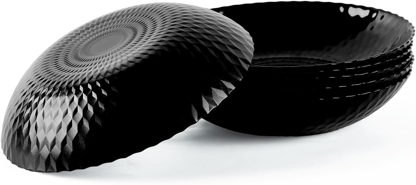 LaGlint 30 OZ Opal Glass Pasta Bowls - Set of 6 Black 8.5-Inch Round Serving Bowls | Microwave & Dishwasher Safe