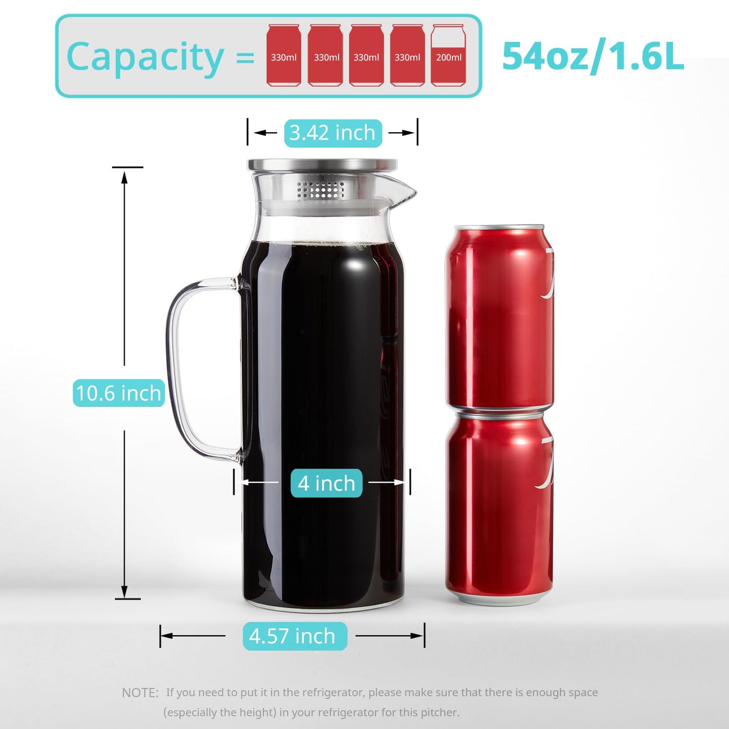 Bivvclaz 1.6 Liter 54 oz Glass Pitcher with Lid and Handle, Glass Carafe Water Pitcher for Hot/Cold Water, Iced Tea, Drinks, Coffee, Juice and Homemade Beverage