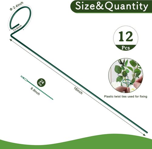Feed Garden 16-Inch Plant Support Stakes - Durable Metal Flower Supports with 24 Twist Ties for Outdoor Plants